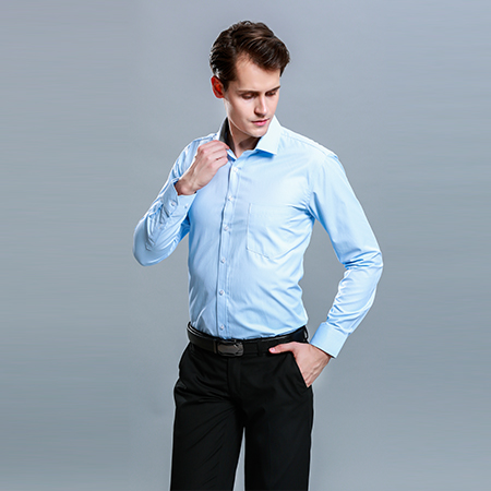 男士长袖商务标准蓝色正装修身衬衫