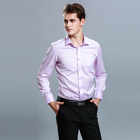 男士长袖商务标准粉色正装修身衬衫