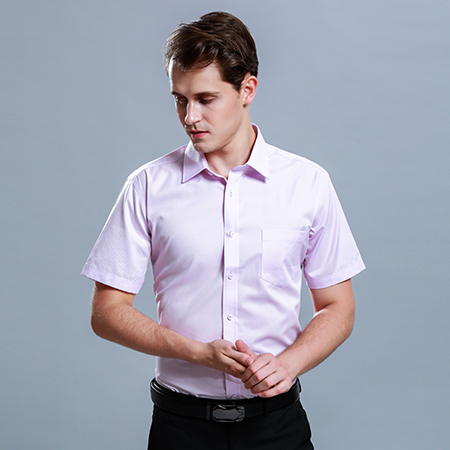 男士短袖商务标准粉色正装修身衬衫